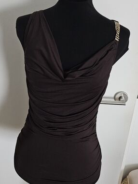 Egoist Gyaru Asymmetric One-Shoulder Brown Ruched Top with Embellished Strap